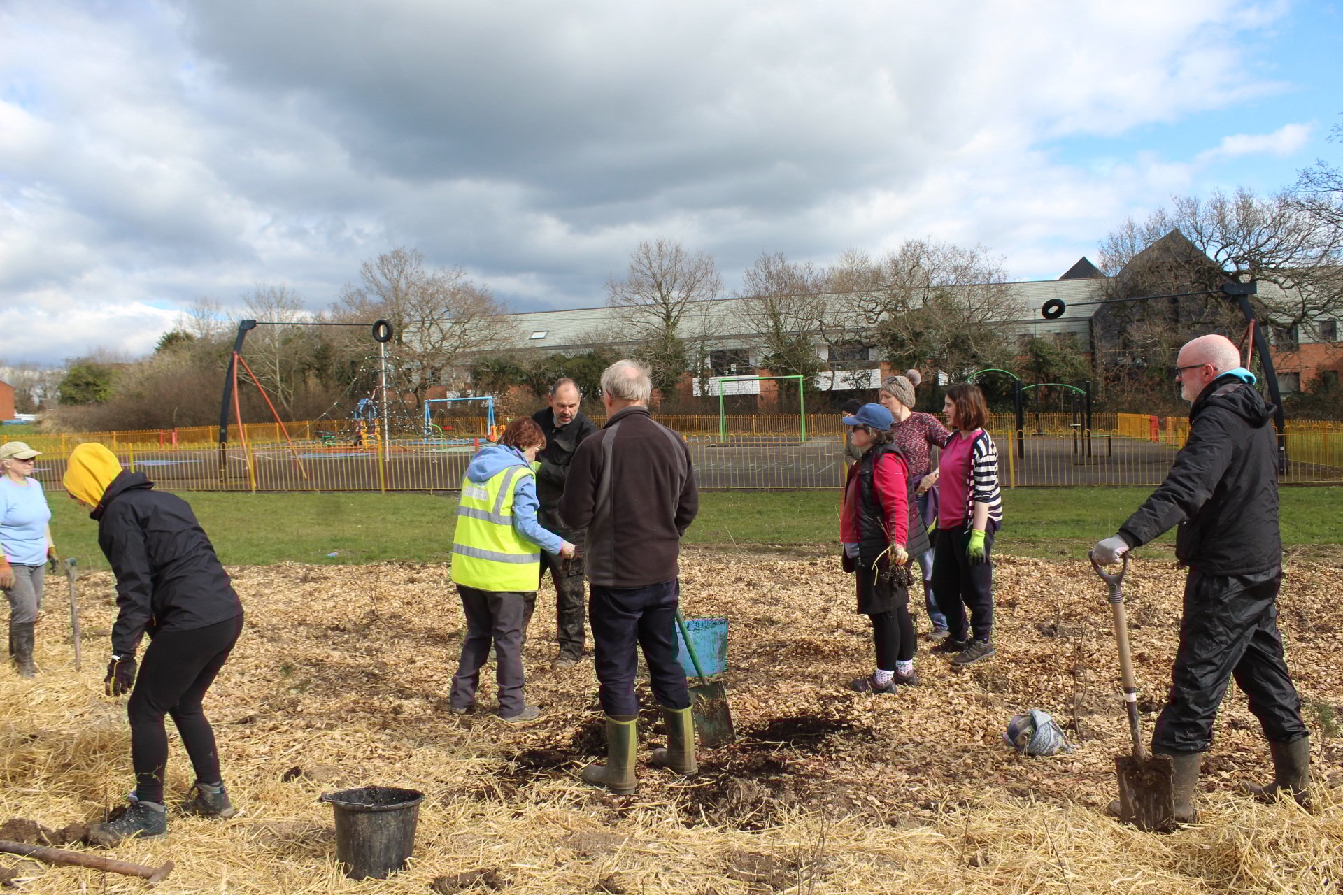 A group of people talking and digging, planting trees